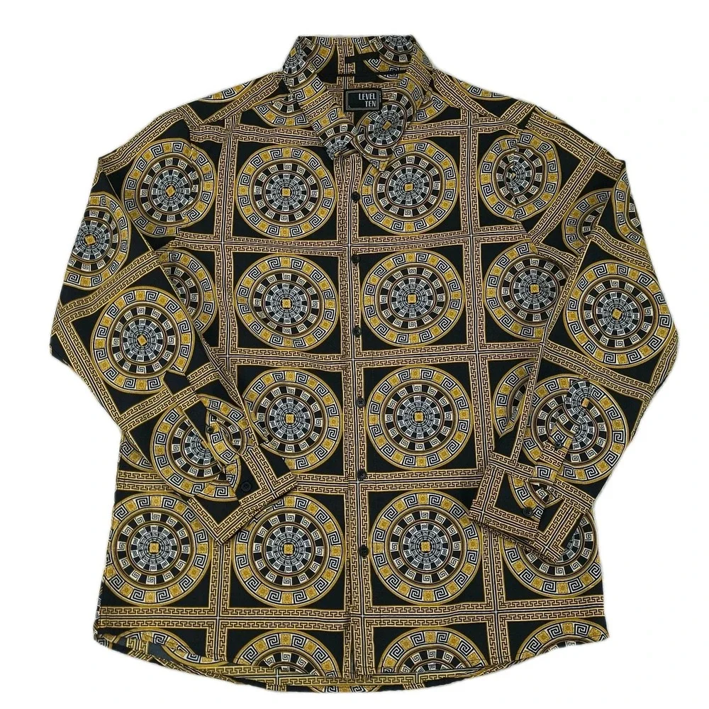 Level Ten Mens Large Black Gold Greek Key Medusa Baroque Print Button Down Shirt